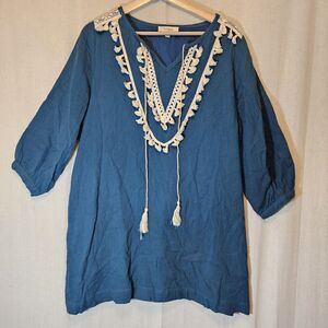 Umgee Emerald Green Teal Double Gauze Cream Tassels Lined 3/4 Sleeve Medium